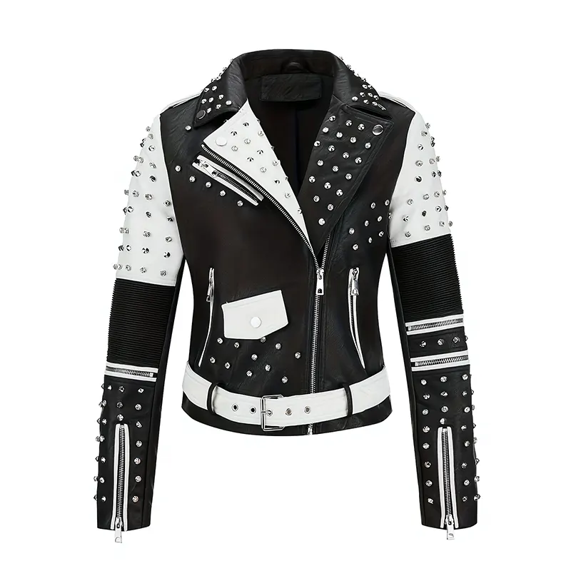 Áo khoác biker giả da thêu có đinh tán