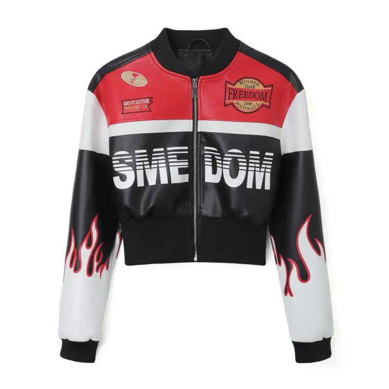 Áo khoác biker giả da in hình ngọn lửa