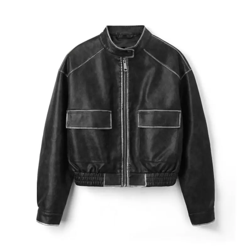 Burnished Faux Leather Biker Jacket in Maillard Style