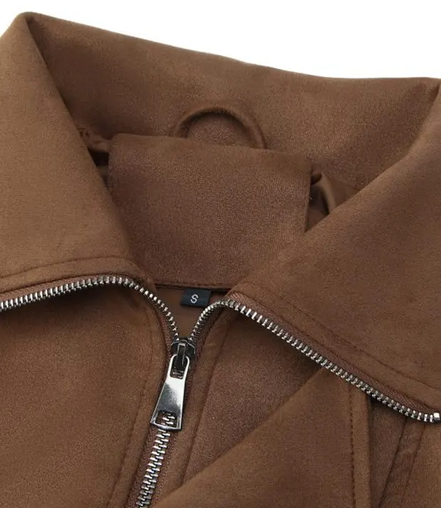 Slim Fit Elastic Cuffs and Hem Side Pockets Suede Jacket