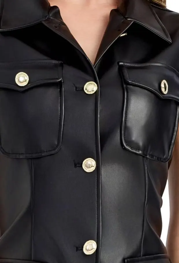 Buttoned PU Leather Midi Dress