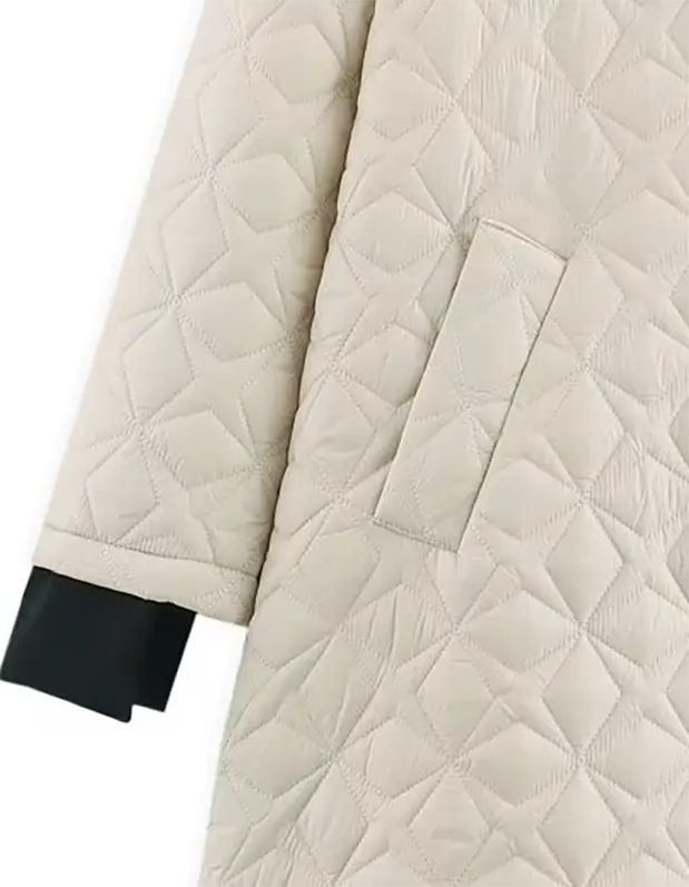Plaid Contrast Collar Buttoned Long Quilted Coat