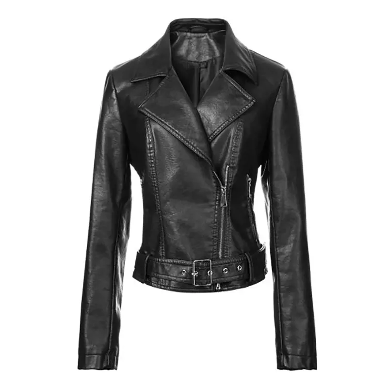 Áo khoác Biker giả da cổ điển có thắt lưng